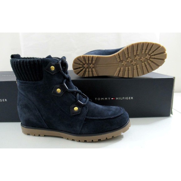 Tommy Hilfiger Serafin Lace Up Wedge Boots Booties Medium Blue Suede - Picture 8 of 8